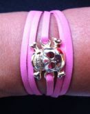 Pulseira caveirinha tira couro rosa